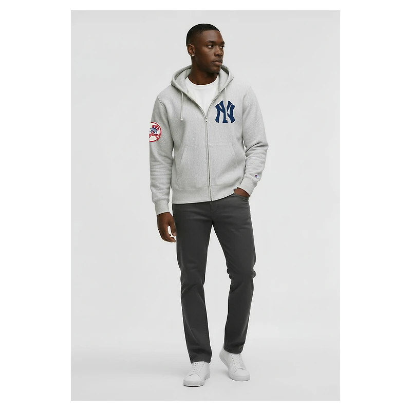 Men's Champion  Gray New York Yankees Reverse Weave Chenille Full-Zip Hoodie