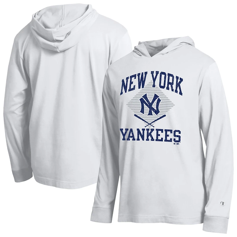 Men's Champion White New York Yankees Cooperstown Hooded Long-Sleeve T-Shirt