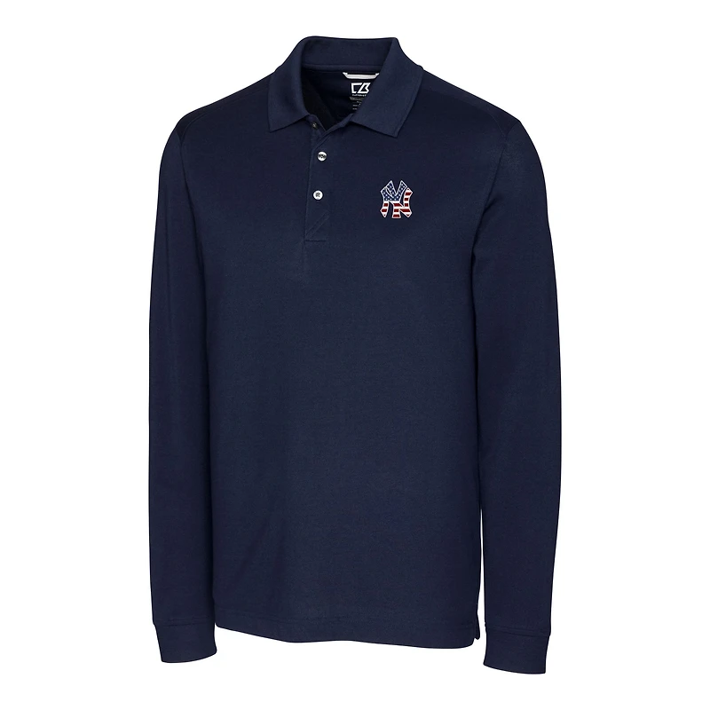 Men's Cutter & Buck Navy New York Yankees Big Tall Americana Advantage Eco Pique DryTec Tri-Blend Long Sleeve Polo