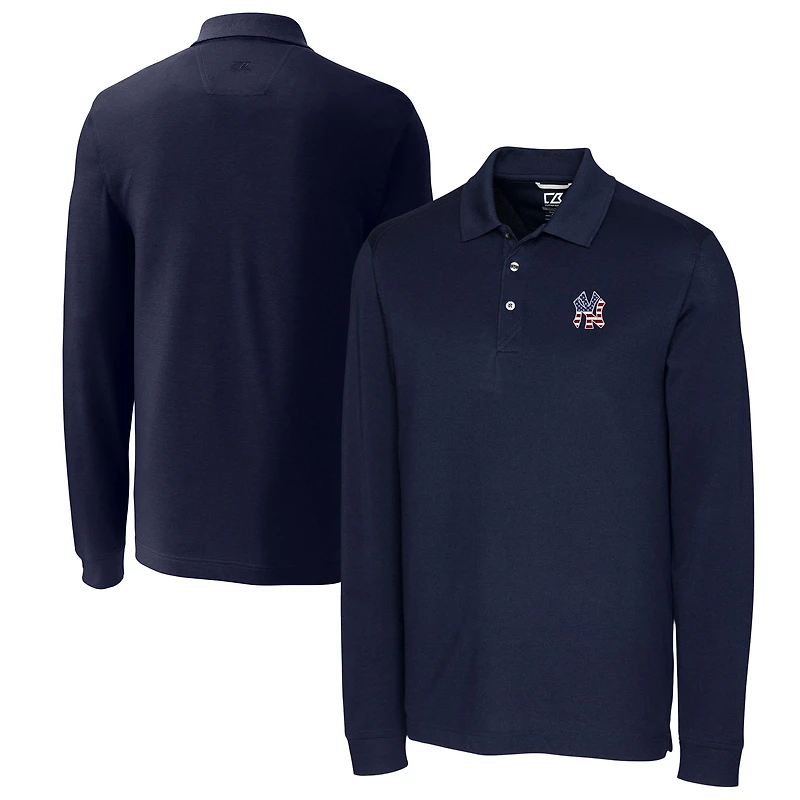 Men's Cutter & Buck Navy New York Yankees Big Tall Americana Advantage Eco Pique DryTec Tri-Blend Long Sleeve Polo