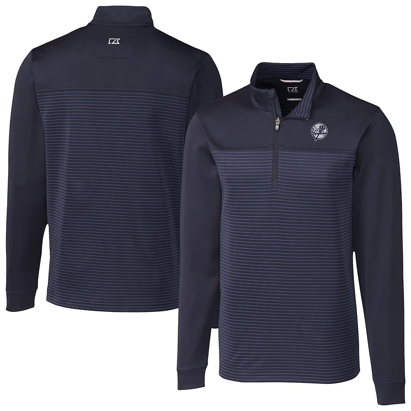 Veste zippée quart de zip pour homme Cutter & Buck bleu marine New York Yankees Traverse Eco Stripe Tri-Blend DryTec
