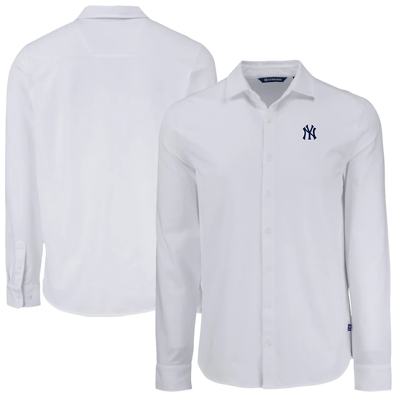 Chemise boutonnée à manches longues en piqué doux écologique tri-blend pour homme, blanche, des Yankees de New York, Cutter & Buck