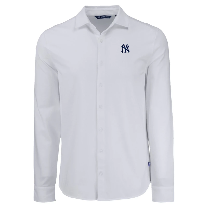 Chemise boutonnée à manches longues en piqué doux écologique tri-blend pour homme, blanche, des Yankees de New York, Cutter & Buck