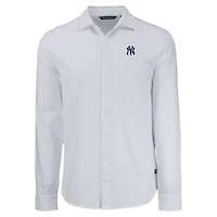 Chemise boutonnée à manches longues en piqué doux écologique tri-blend pour homme, blanche, des Yankees de New York, Cutter & Buck