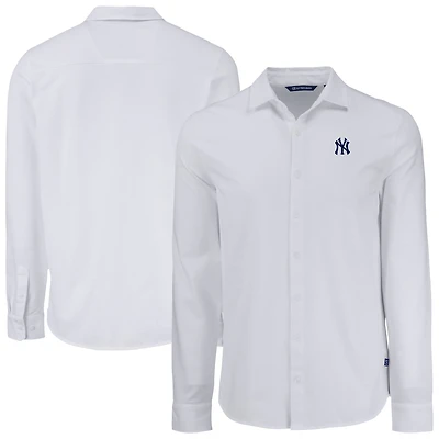 Chemise boutonnée à manches longues en piqué doux écologique tri-blend pour homme, blanche, des Yankees de New York, Cutter & Buck