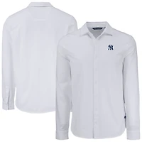 Chemise boutonnée à manches longues en piqué doux écologique tri-blend pour homme, blanche, des Yankees de New York, Cutter & Buck