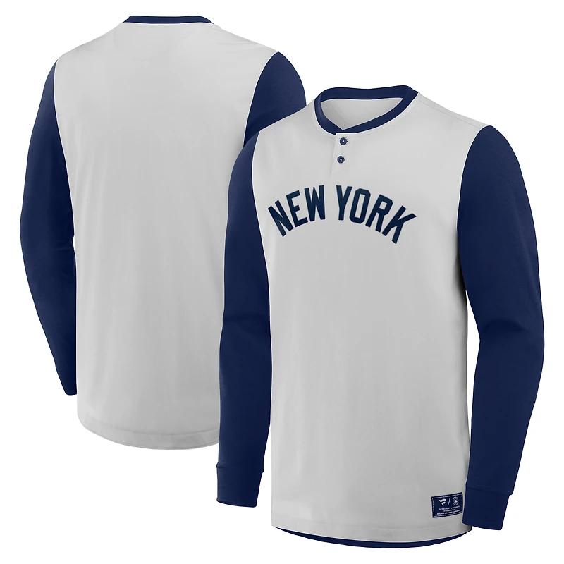 Men's Fanatics Gray/Navy New York Yankees Clubhouse Long Sleeve Henley Shirt