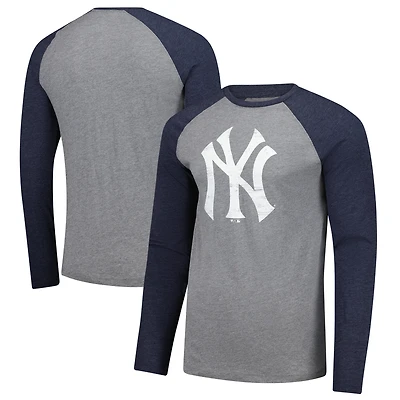 Men's Fanatics Heather Gray/Heather Navy New York Yankees Weathered Logo Tri-Blend Raglan Long Sleeve T-Shirt