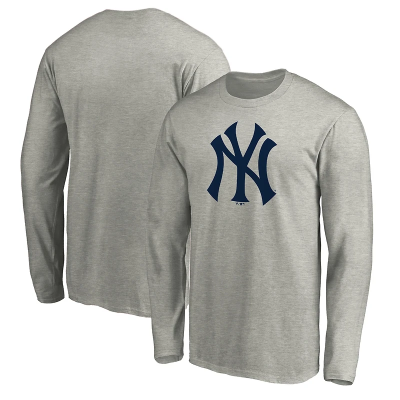 T-shirt à manches longues avec logo officiel des New York Yankees Fanatics gris chiné pour hommes