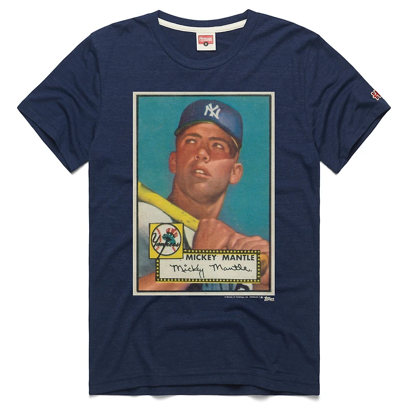 Men's Homage Mickey Mantle Navy New York Yankees Topps Baseball Card Tri-Blend T-Shirt