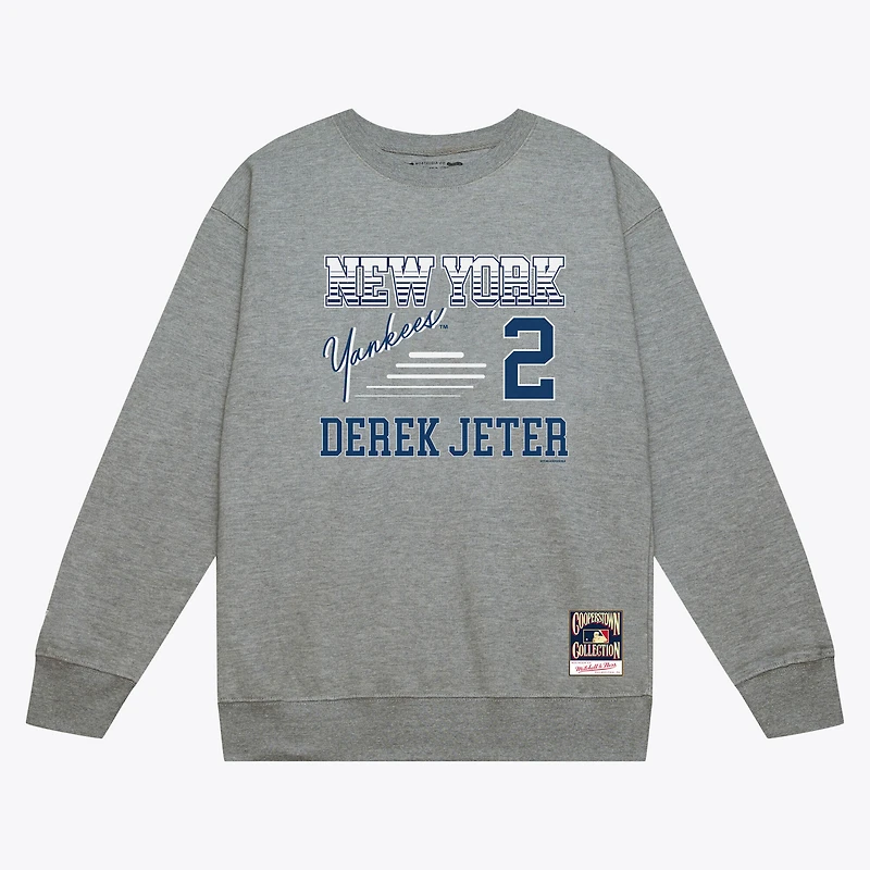 Sweat-shirt à col rond Mitchell & Ness Derek Jeter gris chiné, rayures des Yankees de New York, nom et numéro pour homme