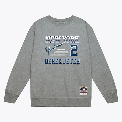 Sweat-shirt à col rond Mitchell & Ness Derek Jeter gris chiné, rayures des Yankees de New York, nom et numéro pour homme