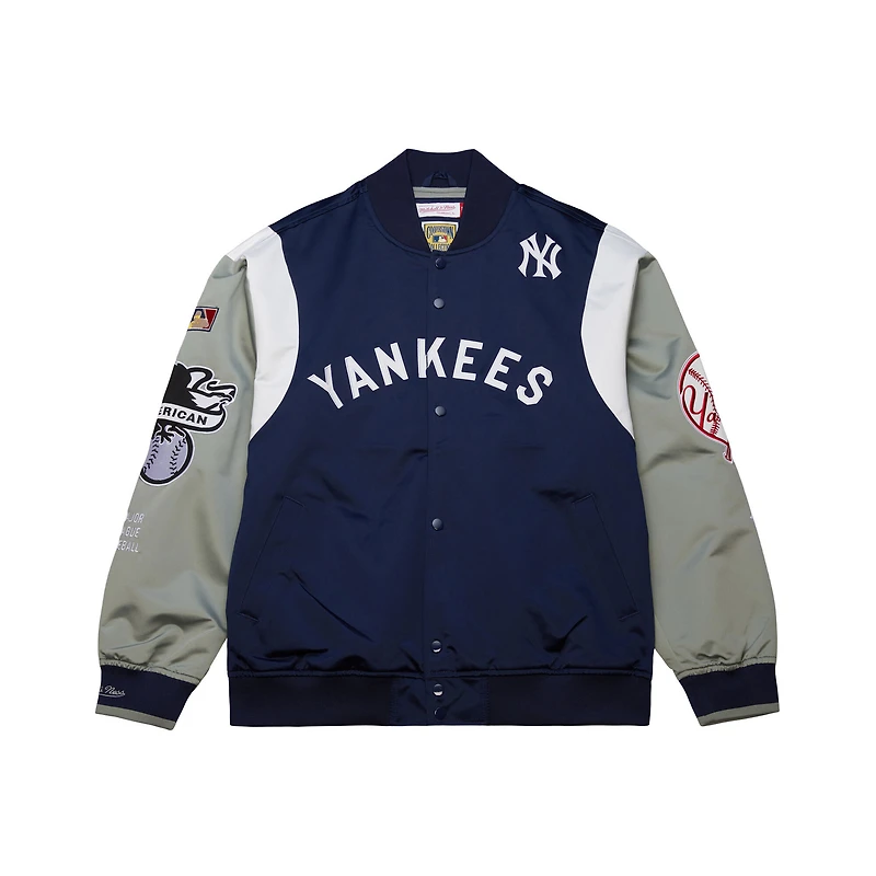 Veste Mitchell & Ness bleu marine/gris à boutons-pression pour homme, collection Cooperstown des Yankees de New York, Team Origins, en satin