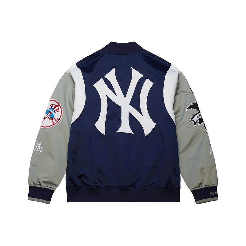 Veste Mitchell & Ness bleu marine/gris à boutons-pression pour homme, collection Cooperstown des Yankees de New York, Team Origins, en satin