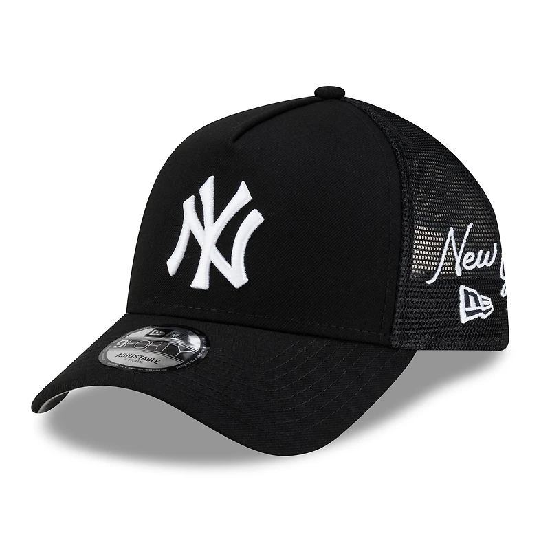 Men's New Era Black New York Yankees Side Script 9FORTY A-Frame Trucker Adjustable Hat