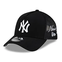 Men's New Era Black New York Yankees Side Script 9FORTY A-Frame Trucker Adjustable Hat