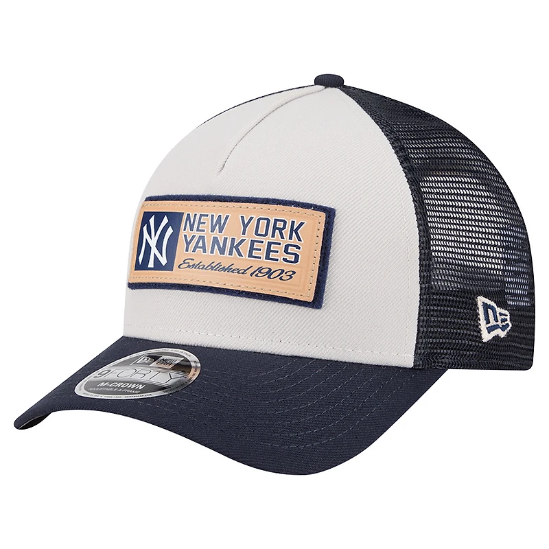 Men's New Era Stone/Navy New York Yankees Text A-Frame Trucker 9FORTY Hat