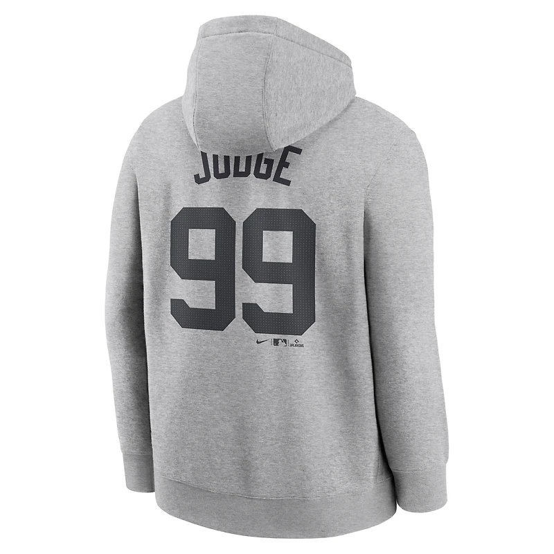 Sweat à capuche Nike Aaron Judge Heather Grey pour homme, avec nom et numéro du joueur des Yankees de New York