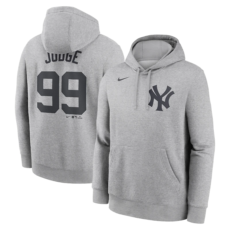 Sweat à capuche Nike Aaron Judge Heather Grey pour homme, avec nom et numéro du joueur des Yankees de New York