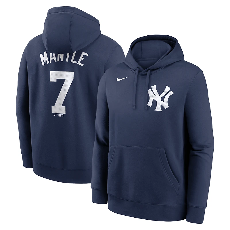Sweat à capuche Nike Mickey Mantle bleu marine pour homme, avec nom et numéro de joueur retraité des Yankees New York