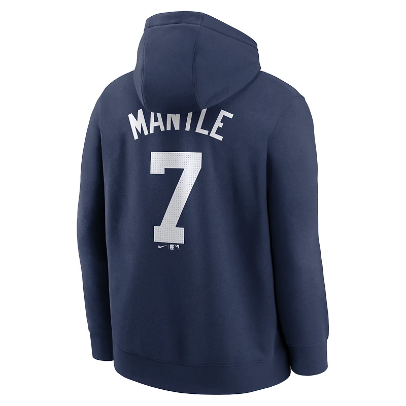 Sweat à capuche Nike Mickey Mantle bleu marine pour homme, avec nom et numéro de joueur retraité des Yankees New York