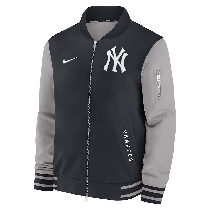 Veste aviateur Nike bleu marine/gris New York Yankees Authentic Collection Dugout pour homme, coupe décontractée, entièrement zippée
