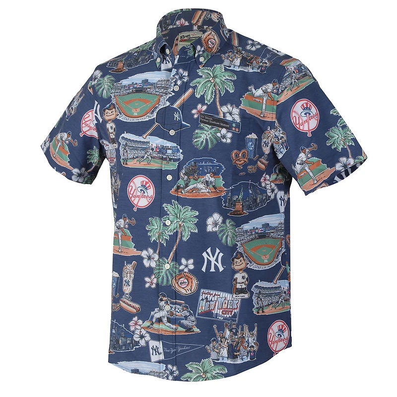 Chemise hawaïenne à boutons Reyn Spooner bleu marine New York Yankees pour homme, grandes tailles, performance scénique, mélange de trois matières, style Aloha.