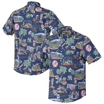 Chemise hawaïenne à boutons Reyn Spooner bleu marine New York Yankees pour homme, grandes tailles, performance scénique, mélange de trois matières, style Aloha.