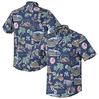 Chemise hawaïenne à boutons Reyn Spooner bleu marine New York Yankees pour homme, grandes tailles, performance scénique, mélange de trois matières, style Aloha.