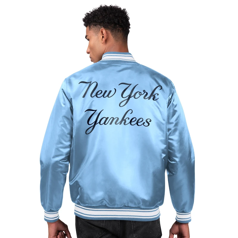 Veste universitaire en satin bleu clair Starter pour homme des Yankees de New York, avec boutons-pression