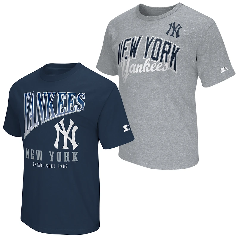 Lot de deux t-shirts Starter pour homme, bleu marine/gris chiné, New York Yankees