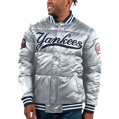 Blouson aviateur universitaire à bouton-pression en satin pour hommes Starter Silver New York Yankees Bronx