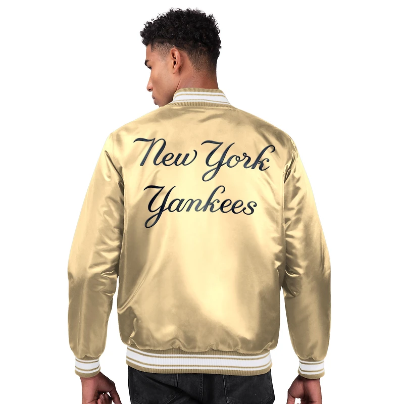 Veste universitaire en satin à boutons-pression Starter Tan des Yankees de New York pour homme