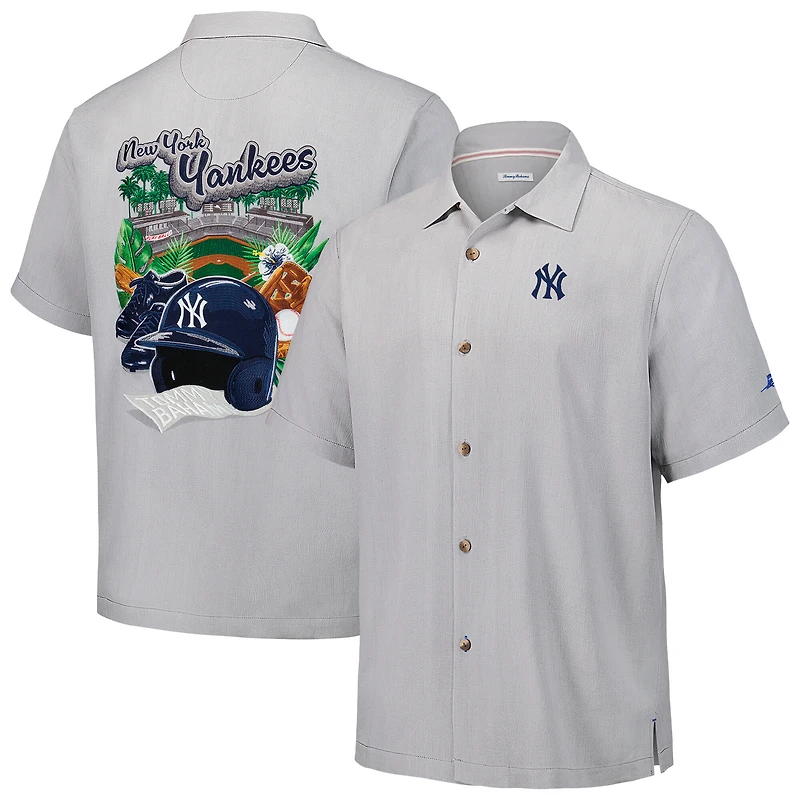 Men's Tommy Bahama Gray New York Yankees Hit and Run Silk Camp Button-Up Shirt