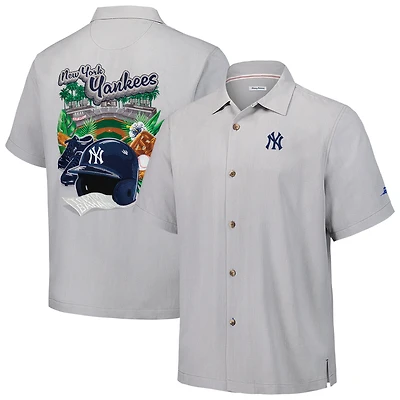 Men's Tommy Bahama Gray New York Yankees Hit and Run Silk Camp Button-Up Shirt