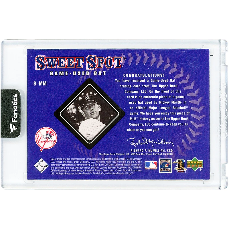 Mickey Mantle New York Yankees 2001 Upper Deck Sweet Spot Game-Used Bat Relic #B-MM Card