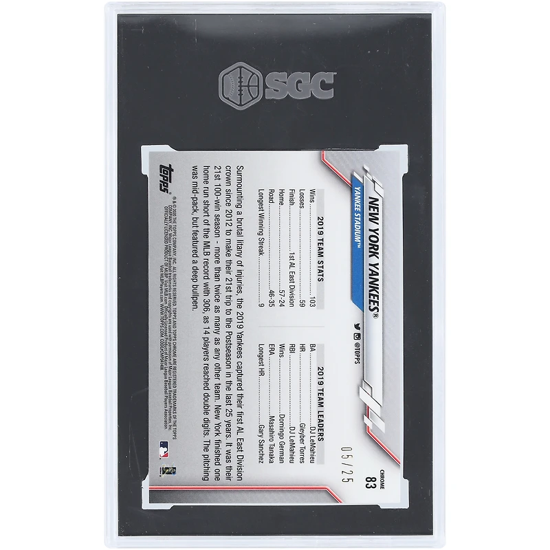 New York Yankees 2020 Topps Chrome Sapphire Orange Refractor #83 #5/25 SGC Authentifié 10 Cartes