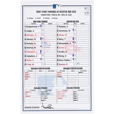 Feuille de composition utilisée par les Yankees de New York lors du match contre les Red Sox de Boston le 22 avril 2026