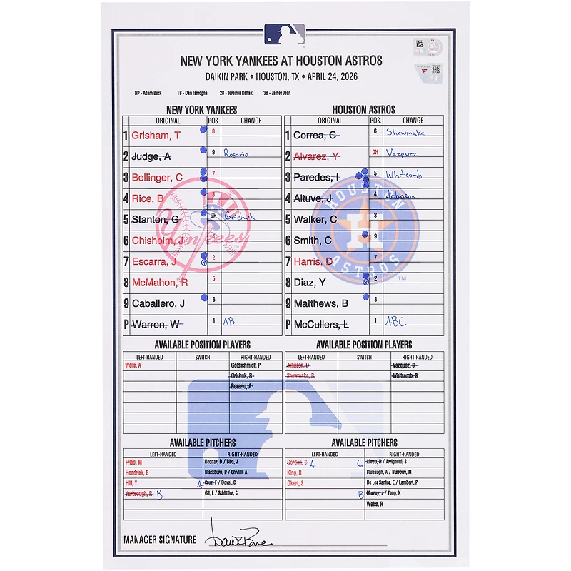 New York Yankees Game-Used Lineup Card vs. Houston Astros on April 24, 2026