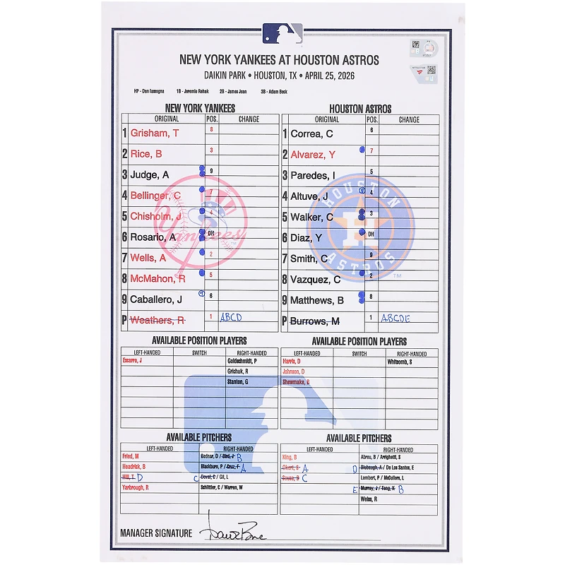 Feuille de composition d'équipe utilisée par les Yankees de New York lors du match contre les Astros de Houston le 25 avril 2026