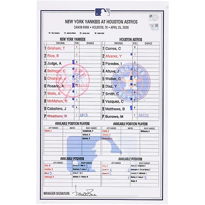 Feuille de composition d'équipe utilisée par les Yankees de New York lors du match contre les Astros de Houston le 25 avril 2026