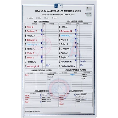 Carte de composition des Yankees de New York lors du match contre les Angels de Los Angeles, le 26 mai 2025