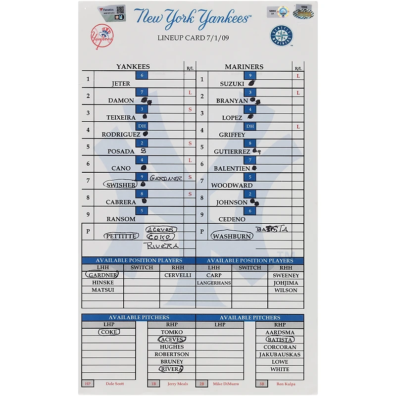 Carte de composition des Yankees de New York lors du match contre les Mariners de Seattle le 1er juillet 2009