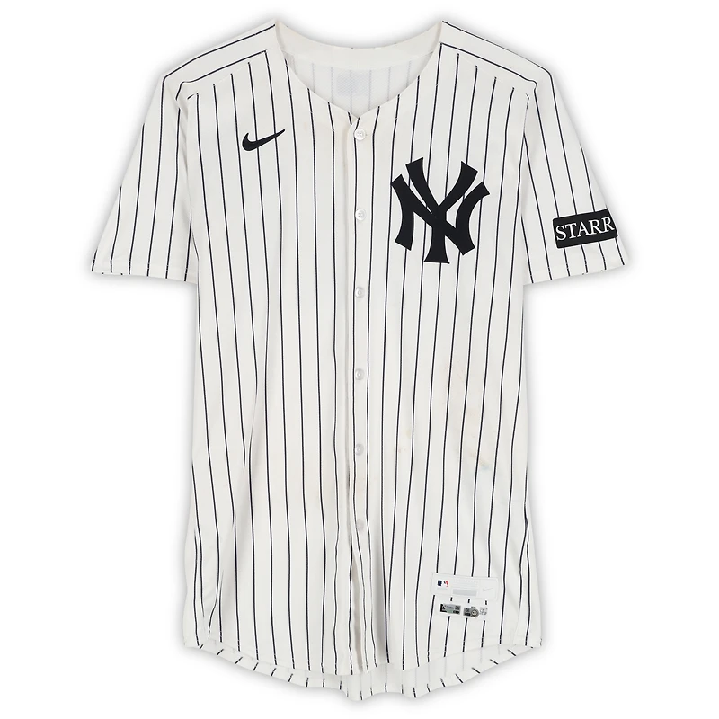 Maillot Nike blanc à rayures fines n° 48 de Paul Goldschmidt, porté par les Yankees de New York lors du match contre les Athletics le 29 juin 2025
