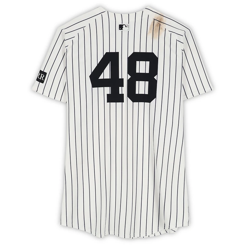 Maillot Nike blanc à rayures fines Paul Goldschmidt des Yankees de New York, numéro 48, utilisé lors du match contre les Rays de Tampa Bay le 31 juillet 2025