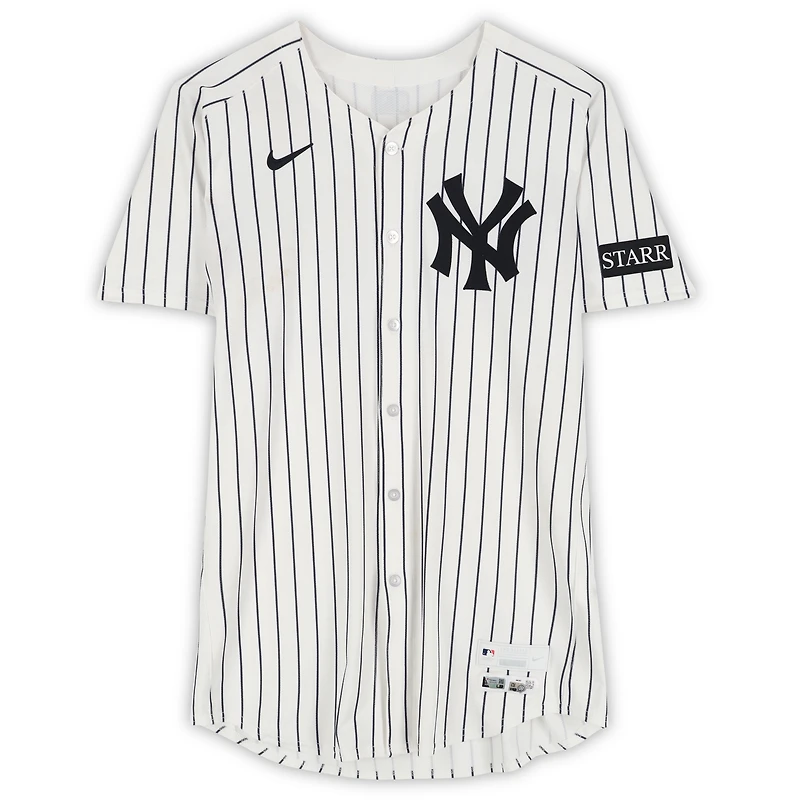Maillot Nike blanc à rayures fines Paul Goldschmidt des Yankees de New York, numéro 48, utilisé lors du match contre les Rays de Tampa Bay le 31 juillet 2025