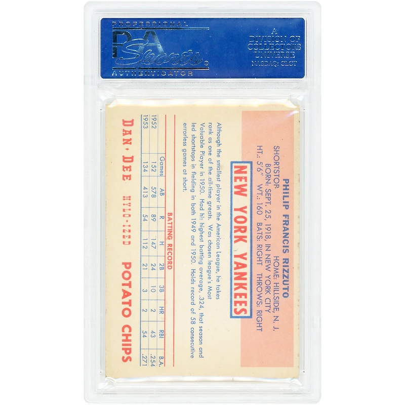 Phil Rizzuto New York Yankees 1954 Dan-Dee Potato Chips #NNO PSA Authenticated 6 Card