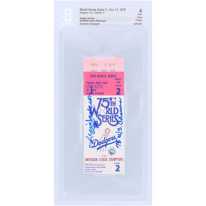Billet 9 authentifié avec l'inscription « 78 WS Champs » signé par Reggie Jackson des Yankees de New York lors du deuxième match des World Series de 1978, Beckett/Fanatics Witnessed