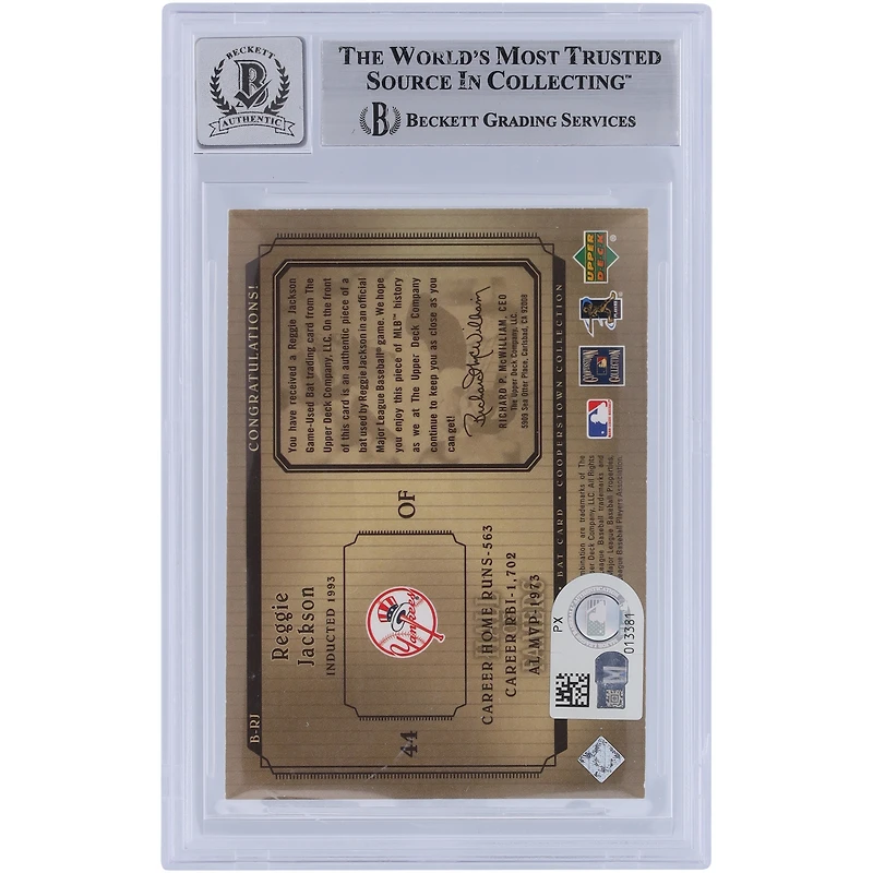 Carte relique de batte des membres du Temple de la renommée de la collection Cooperstown Upper Deck 2001 autographiée par Reggie Jackson des Yankees de New York #B-RJ Beckett, carte authentifiée par des fanatiques témoins
