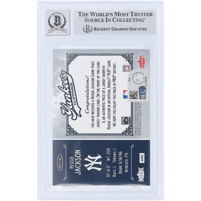 Reggie Jackson New York Yankees Autographié 2006 Fleer Greats of the Game Yankee Clippings Souvenirs Jersey Relic #NYY-RJ Beckett Fanatics Witnessed Authenticated 10 Card